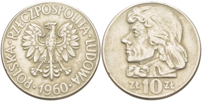 ПОЛЬША 10 ЗЛОТЫХ 1960 КОСТЮШКО KM 50 медно-никель 4403-541