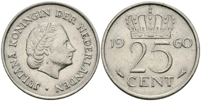 НИДЕРЛАНДЫ 25 ЦЕНТОВ 1960 ЮЛИАНА KM 183 никель 96-145