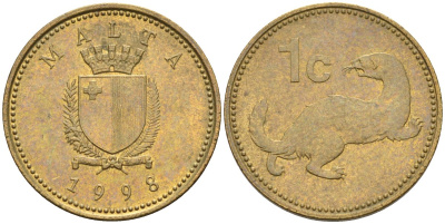 Мальта 1 цент 1998 ласка, горностай KM 93 никель латунь 4585-1243