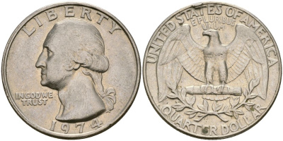 США 25 центов (квотер) 1974 Вашингтон KM 164a медь плакированная медно-никелем 183-244