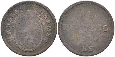 Гессен-Дармштадт 1 пфенниг 1799 RF, Людвиг X (1790-1806) KM 251 медь 210-1151