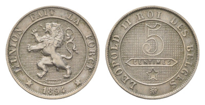 Бельгия 5 сантимов 1894 Belges, Леопольд II (1865-1909) KM 40 медно-никель 4623-1115
