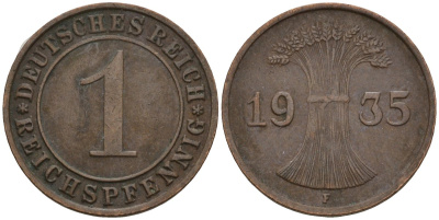 Германия 1 рейхспфенниг 1935 F KM 37, J. 313 бронза 4124-817