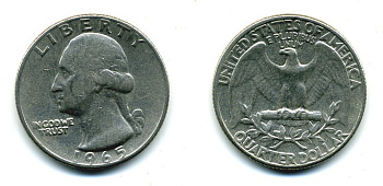 США 25 центов (квотер) 1965 Вашингтон KM 164а медь плакированная медно-никелем 46-1844
