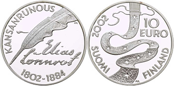 Финляндия 10 евро 2002 Элиас Леннрот, лингвист KM 108 серебро PROOF 1084-9-64