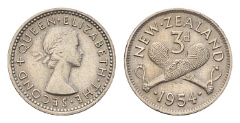 Новая Зеландия 3 пенса 1954 Елизавета II (1952-2022) KM 25.1 медно-никель 4669-611