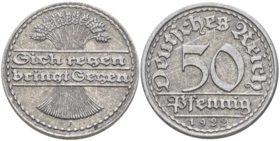 ГЕРМАНИЯ 50 ПФЕННИГОВ 1922 F KM 27, J. 301, Weege 10 алюминий 212-826