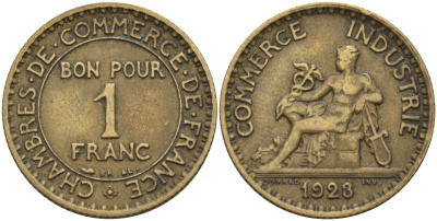 Франция 1 франк 1923 KM 876, Le Franc 218.5 алюминиевая бронза 4142-657