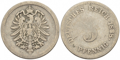 ГЕРМАНИЯ 5 ПФЕННИГОВ 1888 G, СТАРОГЕРБОВКА KM 3, J. 3 медно-никель 3718-142