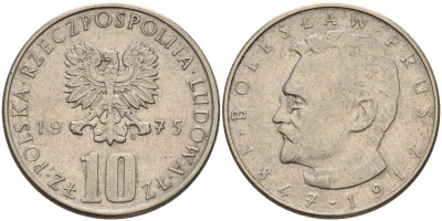 Польша 10 злотых 1975 MW, Болеслав Прус KM 73, Parchimowicz 242a медно-никель    4150-515