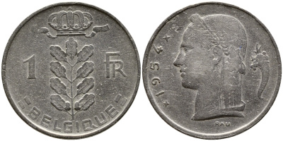 БЕЛЬГИЯ 1 ФРАНК 1954 BELGIQUE KM 142.1 медно-никель 4388-1214