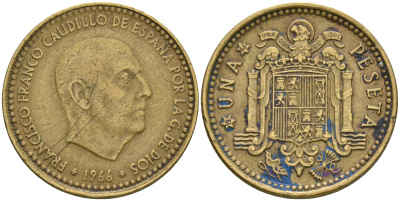 ИСПАНИЯ 1 ПЕСЕТА 1966 (68) ФРАНСИСКО ФРАНКО ДИКТАТОР ИСПАНИИ (1939-1975) КМ 796 алюминиевая бронза 4364-3615