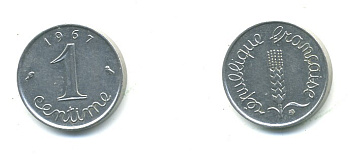ФРАНЦИЯ 1 САНТИМ 1967 KM 928 хромированная сталь 84-1521