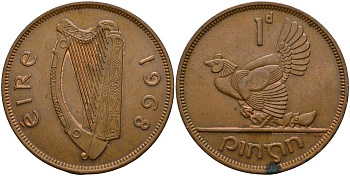 Ирландия 1 пенни 1968 курица с цыплятами KM 11 бронза 4157-1114