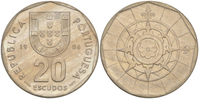 ПОРТУГАЛИЯ 20 ЭСКУДО 1986 INCM KM 634.1 медно-никель 4561-757