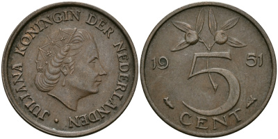 НИДЕРЛАНДЫ 5 ЦЕНТОВ 1951 ЮЛИАНА KM 181 бронза 95-246