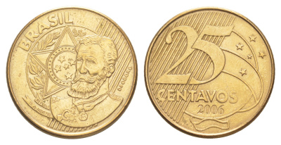 Бразилия 25 сентаво 2006 KM 650.1 сталь плакированная латунью 4642-1123
