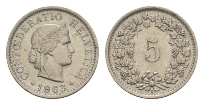 Швейцария 5 раппенов 1963 B KM 26 медно-никель 4611-823