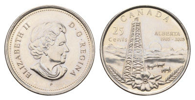 Канада 25 центов 2005 100 лет провинции Альберта KM 530 сталь плакированная никелем UNC 113-1226