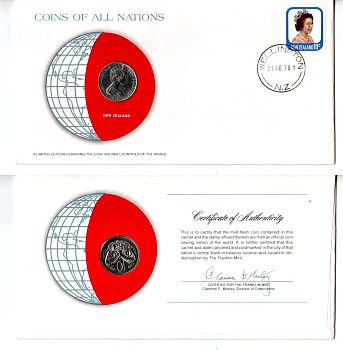 Новая Зеландия 10 центов 1978 конверт с маркой первого дня гашения, Coins of Nations KM 41 медно-никель UNC 9-1-01-73