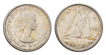 Канада 10 центов 1960 Елизавета II (1952-2022), парусник KM 51 серебро 4623-923