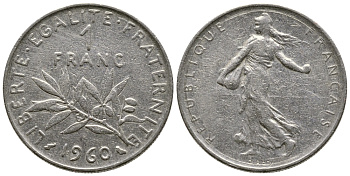 ФРАНЦИЯ 1 ФРАНК 1960 СЕЯТЕЛЬ KM 925.1, LE FRANC 226.4 никель 91-132