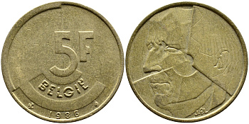 БЕЛЬГИЯ 5 ФРАНКОВ 1986 BELGIE KM 164 латунь или алюминиевая бронза 4388-1222