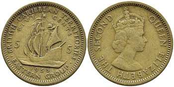 Британские Восточно-Карибские территории 5 центов 1955 Елизавета II (1952-2022), парусник KM 4 никель латунь 4388-1015