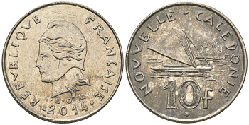Французская Новая Каледония 10 франков 2014 рыбачья парусная лодка, (IEOM) KM 11a, Schoen 13a, Lec 99k медно-никель 67-1142