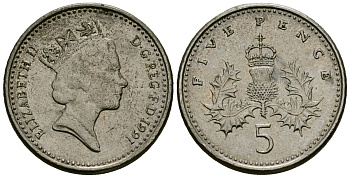 Великобритания 5 пенсов 1991 Елизавета II (1952-2022) KM 937b, Spink 4372 (D4) медно-никель 4173-1242
