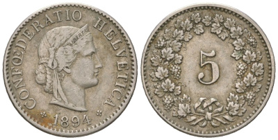 Швейцария 5 раппенов 1894 B KM 26 медно-никель 4158-655