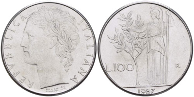 ИТАЛИЯ 100 ЛИР 1987 R, АФИНА KM 96.1 нержавеющая сталь 4526-341