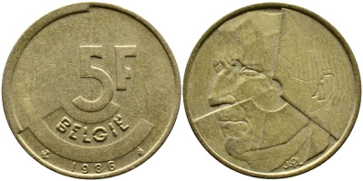 БЕЛЬГИЯ 5 ФРАНКОВ 1986 BELGIE KM 164 латунь или алюминиевая бронза 4388-1222