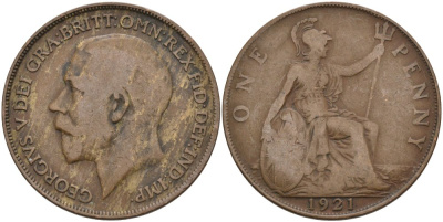 Великобритания 1 пенни 1921 Георг V (1910-1936) KM 810, Spink 4051 бронза 4394-334