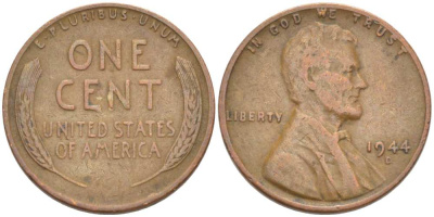 США 1 ЦЕНТ 1944 D, ЛИНКОЛЬН KM А132 медь цинк 3309-465