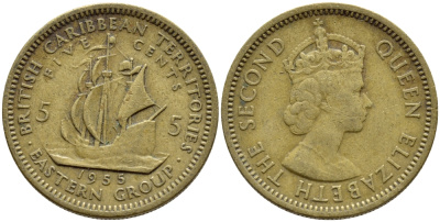 Британские Восточно-Карибские территории 5 центов 1955 Елизавета II (1952-2022), парусник KM 4 никель латунь 4388-1015