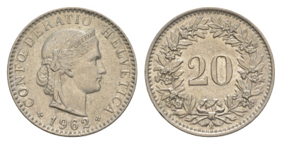 Швейцария 20 раппенов 1962 B KM 29a медно-никель 4625-1067