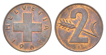 Швейцария 2 раппена 1963 B KM 47 бронза 4705-1211