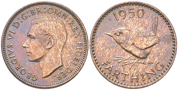 Великобритания 1 фартинг 1950 Георг VI (1936-1952) KM 867, Spink 4119 бронза 4613-519