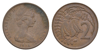 Новая Зеландия 2 цента 1974 Елизавета II (1952-2022), два цветка кохаи KM 32.1 бронза 4655-1145