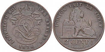 Бельгия 2 сантима 1876 Belges, Леопольд II (1865-1909) KM 35.1 медь 110-152
