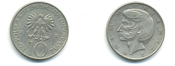 Польша 10 злотых 1975 MW, Адам Мицкевич (1798-1855) KM 74, Parchimowicz 242a медно-никель 83-312