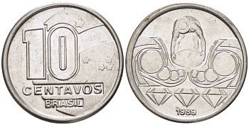 Бразилия 10 сентаво 1989 золотодобыча KM 613 нержавеющая сталь 105-938