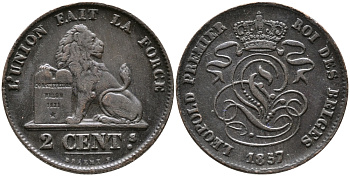 БЕЛЬГИЯ 2 САНТИМА 1857 KM 4.2 медь 3334-531