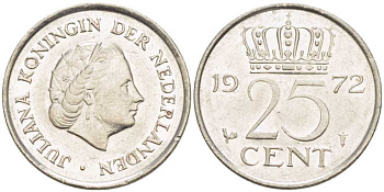 Нидерланды 25 центов 1972 Юлиана (1948-1980) KM 183 никель 214-963