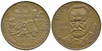 Франция 10 франков 1985 100 лет со дня смерти Виктора Гюго (1802-1885) KM 956, Le Franc 370.3 никель бронза 80-527