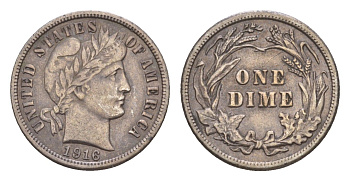 США 1 дайм = 10 центов 1916 Барбер KM 113 серебро 1520-1124