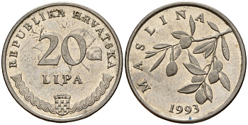 Хорватия 20 лип 1993 олива, легенда на хорватском KM 7 сталь плакированная никелем 4154-628
