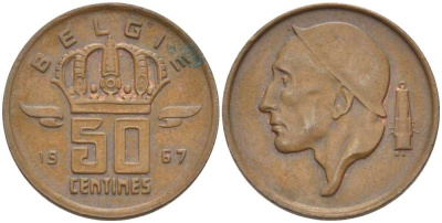 Бельгия 50 сантимов 1967 Belgie, Бодуэн I (1951-1993) KM 149.1 бронза 3458-112