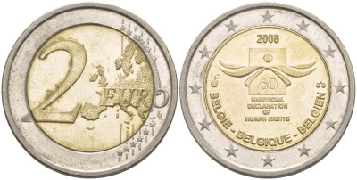 Бельгия 2 евро 2008 60 лет принятие декларации прав человека KM 248 биметалл 4543-356